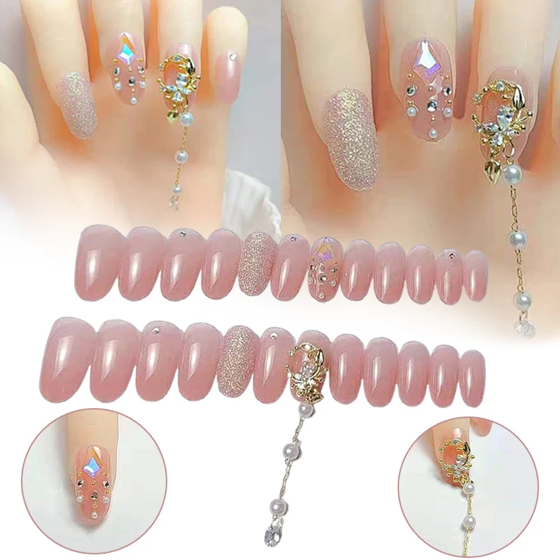 

24PCS Shiny Fake Nails with Pearl Chain Decor Sweet Style Finished Nail Piece Best Gift for Women Girls Removable Stick On Nail
