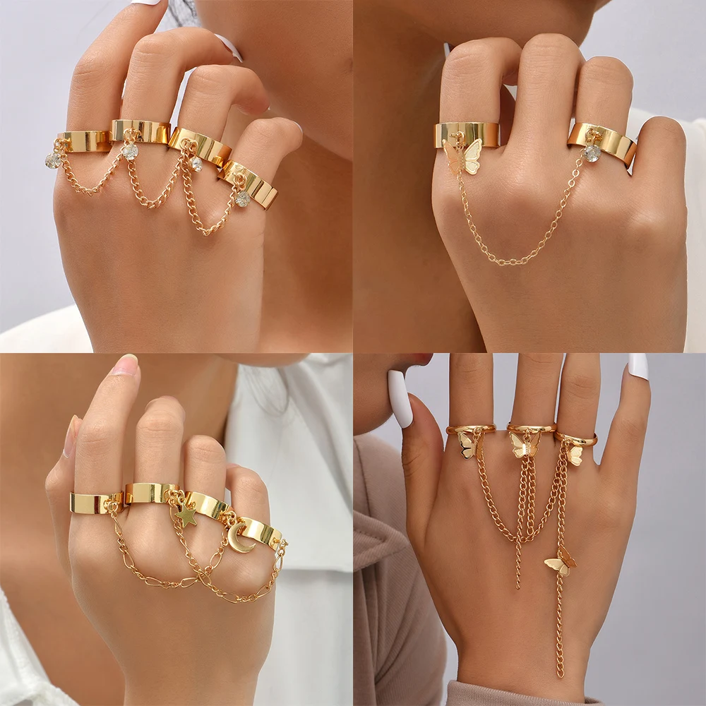 

Hiphop Punk Gold Color Long Tassel Chain Rings for Men Women Fashion Butterfly Star Moon Crystal Finger Rings Set Gift Jewelry