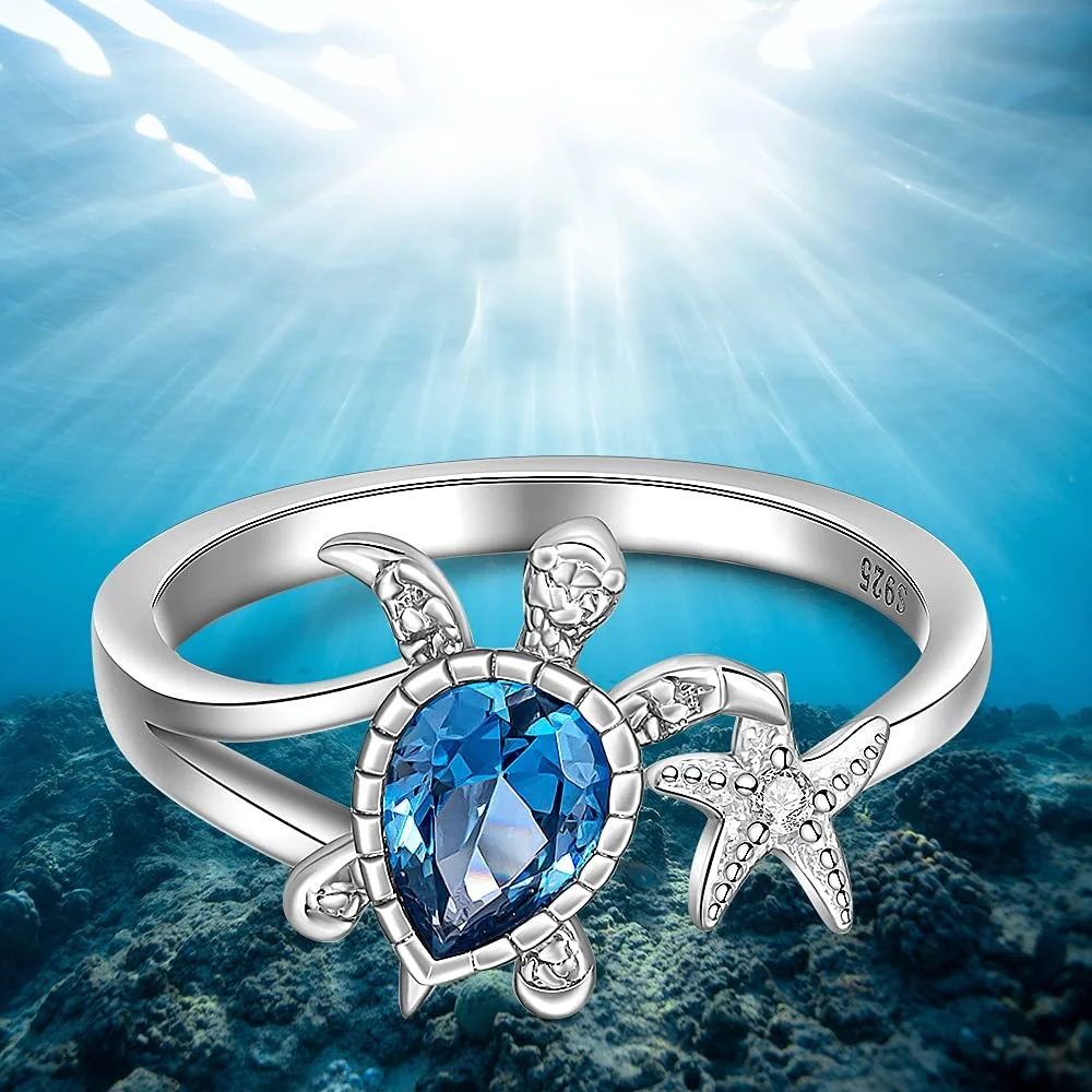 

Designer Jewelry Sea Turtle Starfish Rings for Women Blue Topaz Cute Ocean Gifts Animal Valentines Day Gift Girl Party Anillos