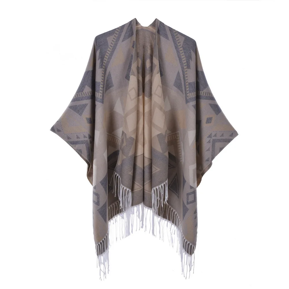 2022 Women's Tassel Split Cape Double-sided Imitation Cashmere Like Thickened Warm Large Cloak Blanket Autumn Ponchos p1