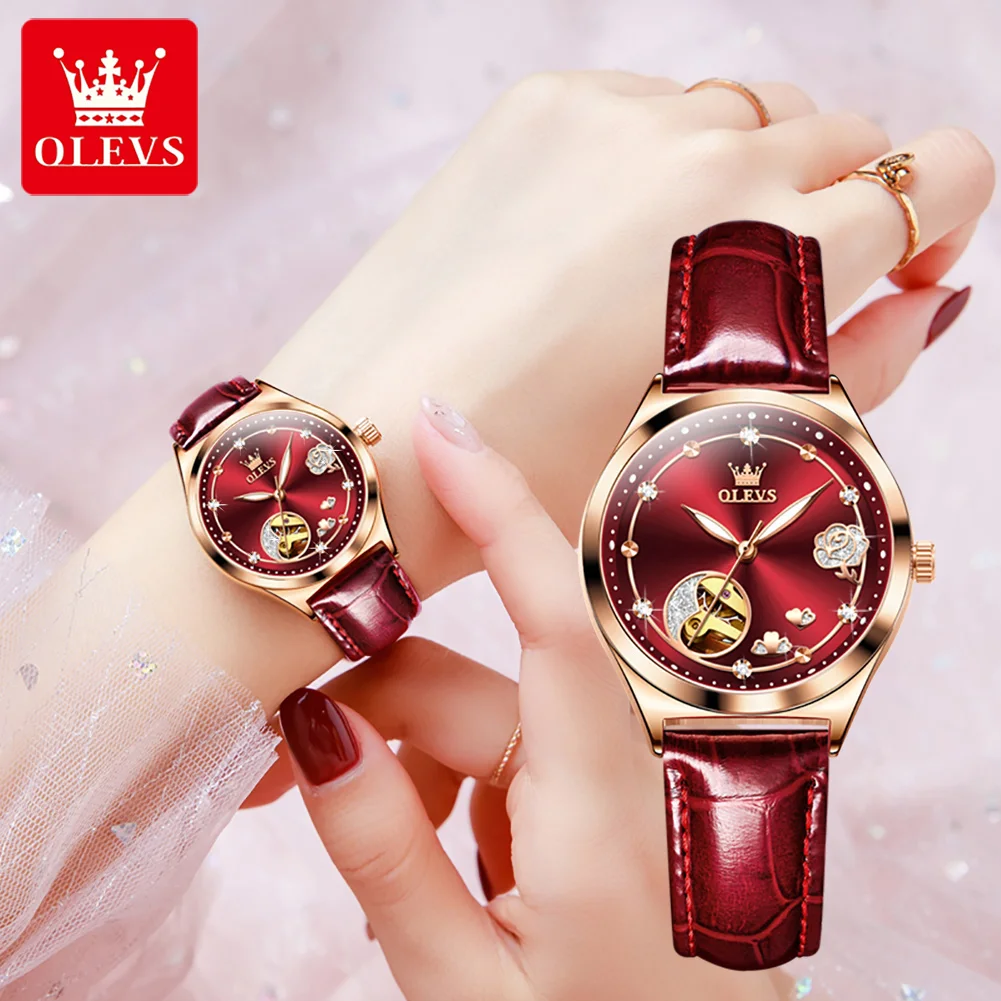 OLEVS Fashion Women Mechanical Watches Set Leather Strap Luxury Hollow Dial Automatic Ladies WristWatches Gift Reloj Mujer enlarge