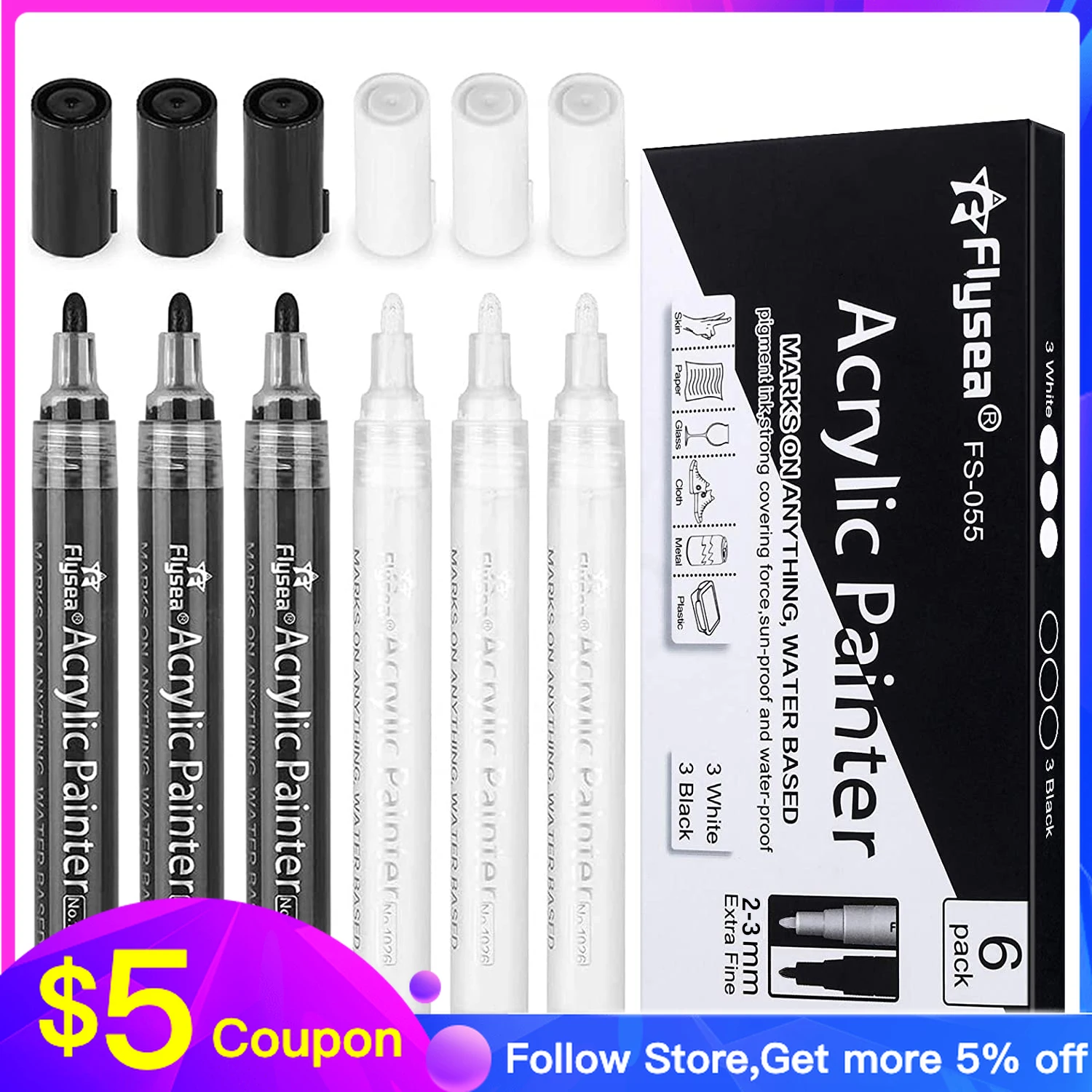 

3 Black 3 White Paint Markers 2mm Tip Acrylic Paint Pens for Rock Painting Stone Water-Based Acrylic Paint Sets Art Supplies