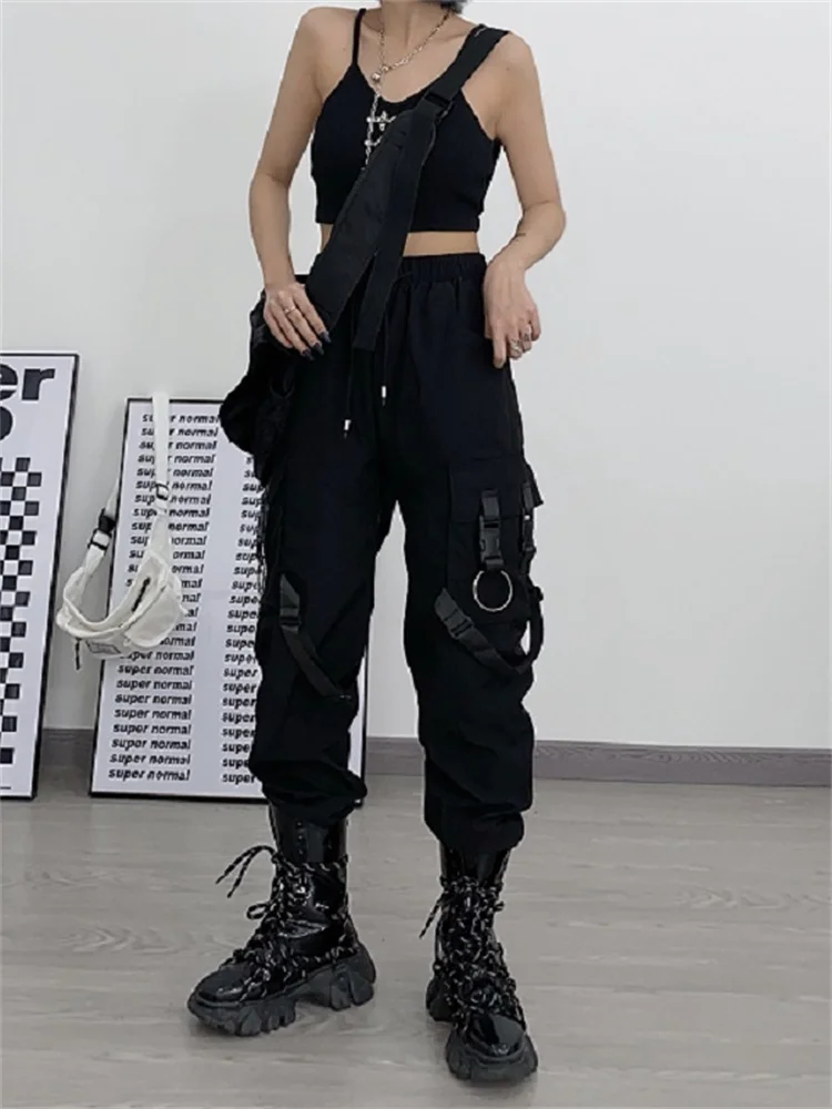 QWEEK Gothic Punk Black Cargo Pants Women Pockets Hippie Streetwear Joggers Harajuku Techwear Oversize Trousers For Female
