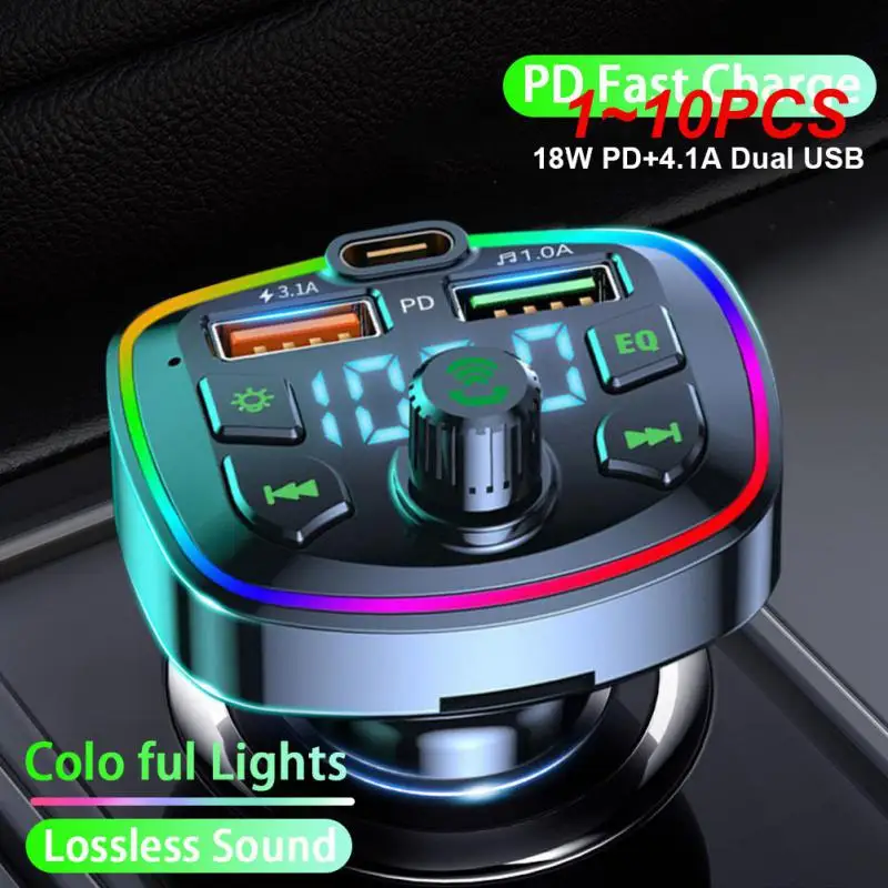 

1~10PCS Colorful Bluetooth 5.0 Car FM Transmitter PD 18W Type-C Dual USB 3.1A Fast Charger Ambient Light Cigarette lighter