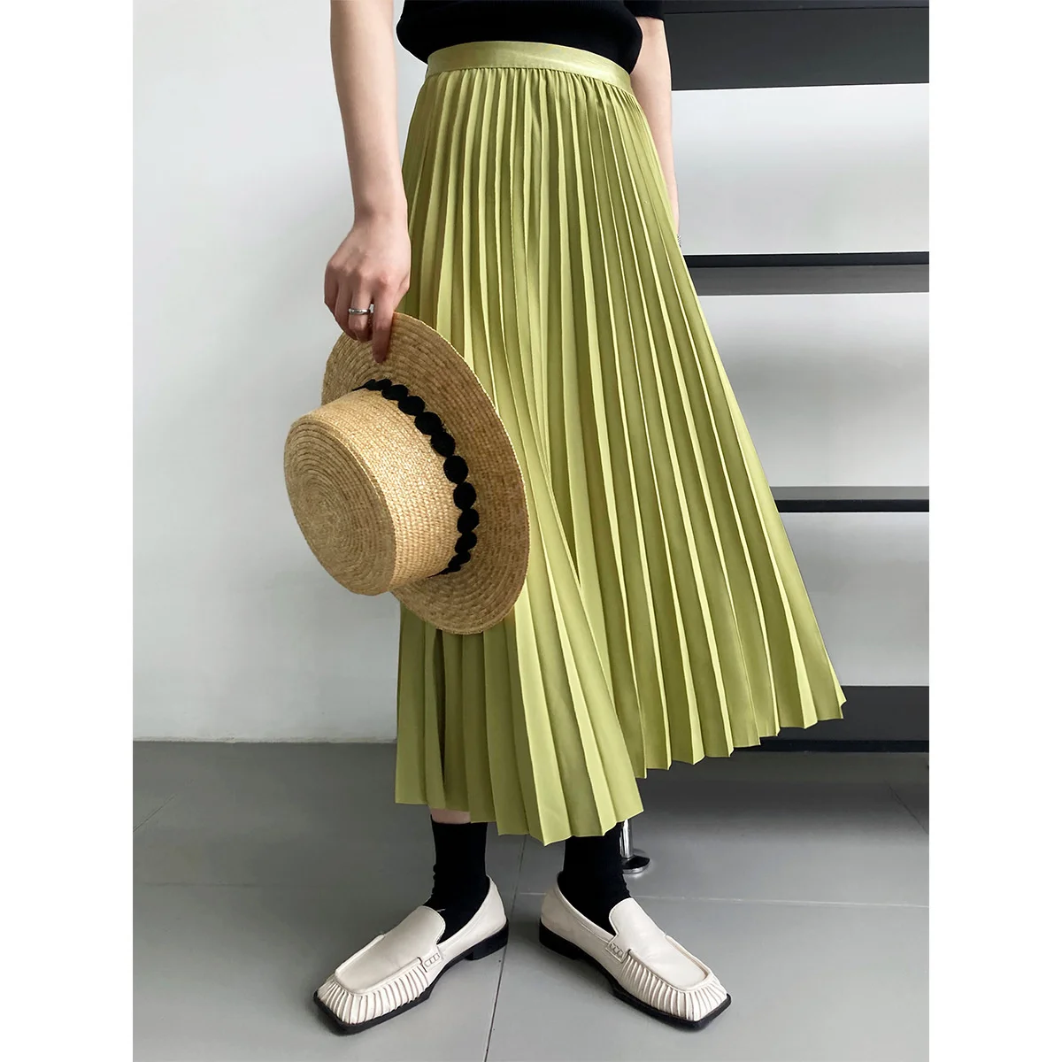 

Solid High-grade Pleated Skirt Green White Purple Summer Spring Korean Style High Waist Women A-shaped Maxi Skirt