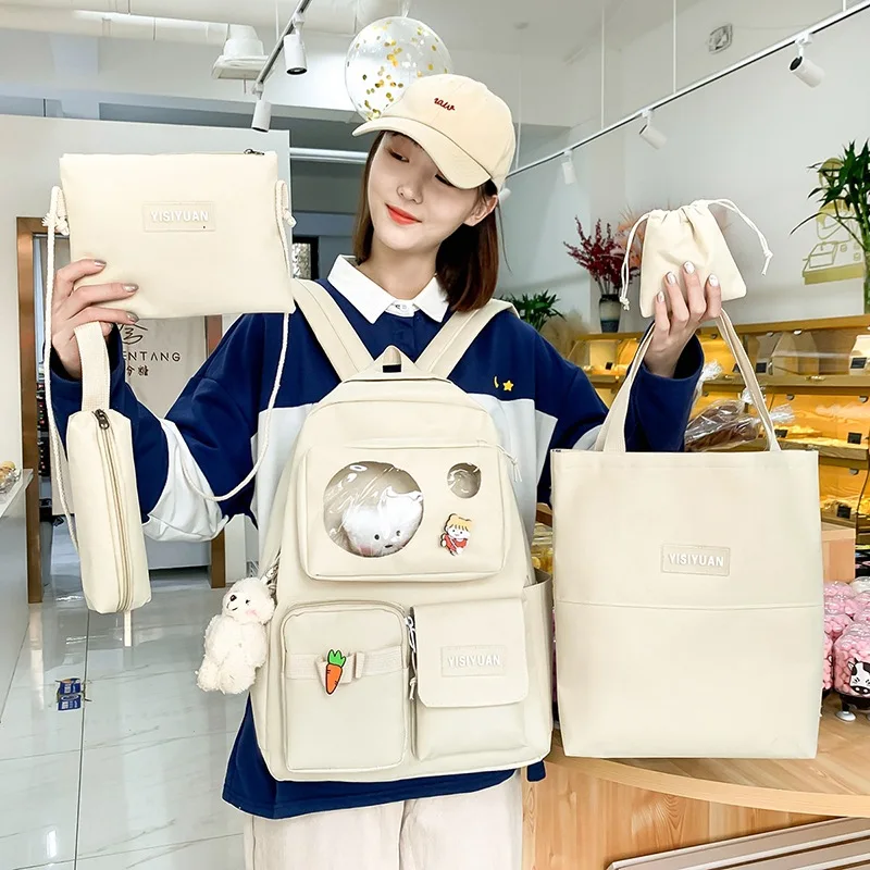 5Pcs Set Cute Bear Canvas Schoolbags for Teen Girls Female Children Tote Shoulder Bag Fashion Women Kawaii Backpack Bookbags | Багаж и