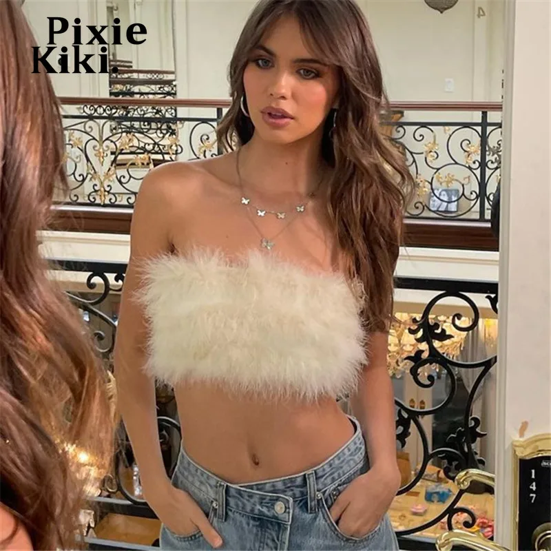 

Модный пушистый мини-топ PixieKiki, уличная одежда, женская одежда, белая, черная, милая, сексуальная, с открытой спиной