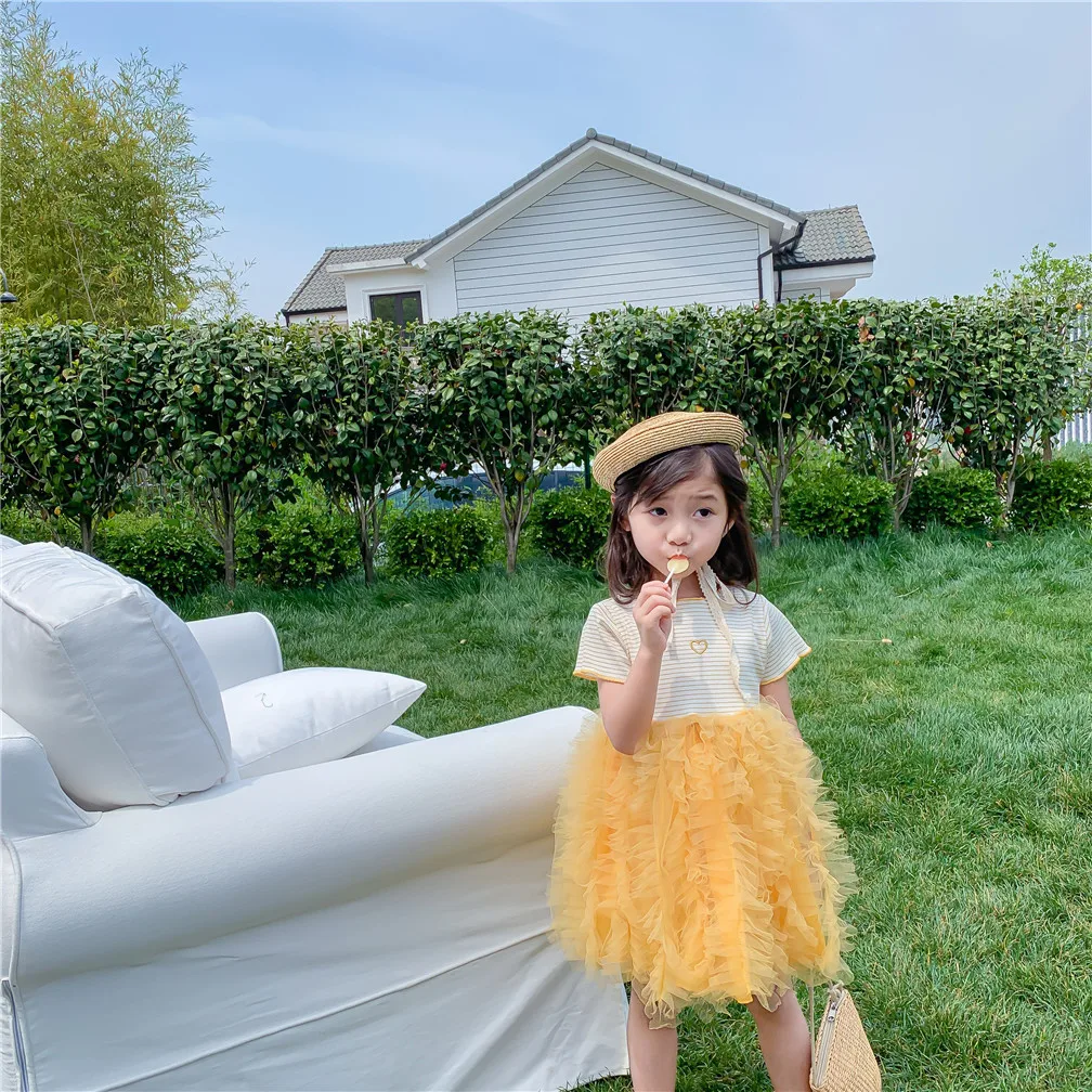 

2021 summer new dress girl Korean love striped skirt girl baby short-sleeved mesh tulle skirt kids fashion dress