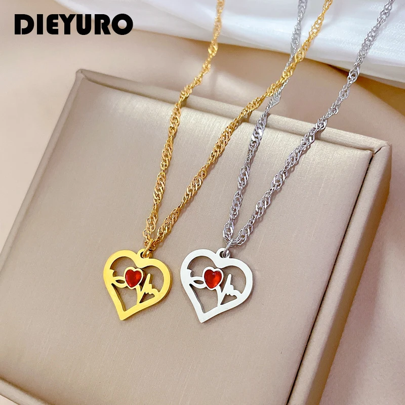 

DIEYURO 316L Stainless Steel Heart-Shaped ECG Pendant Necklace For Women Fashion Clavicle Chain Choker Jewelry Gift Wedding