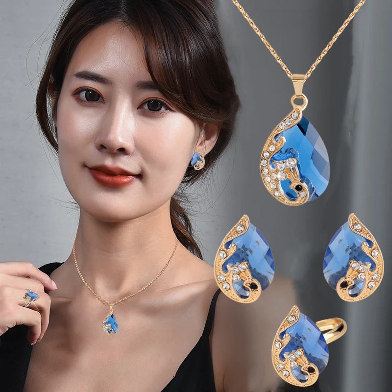 

European and American Water Drop Crystal Peacock Jewelry Set for Women Fashion Bridal Wedding Engagement Necklace Earrings Ring