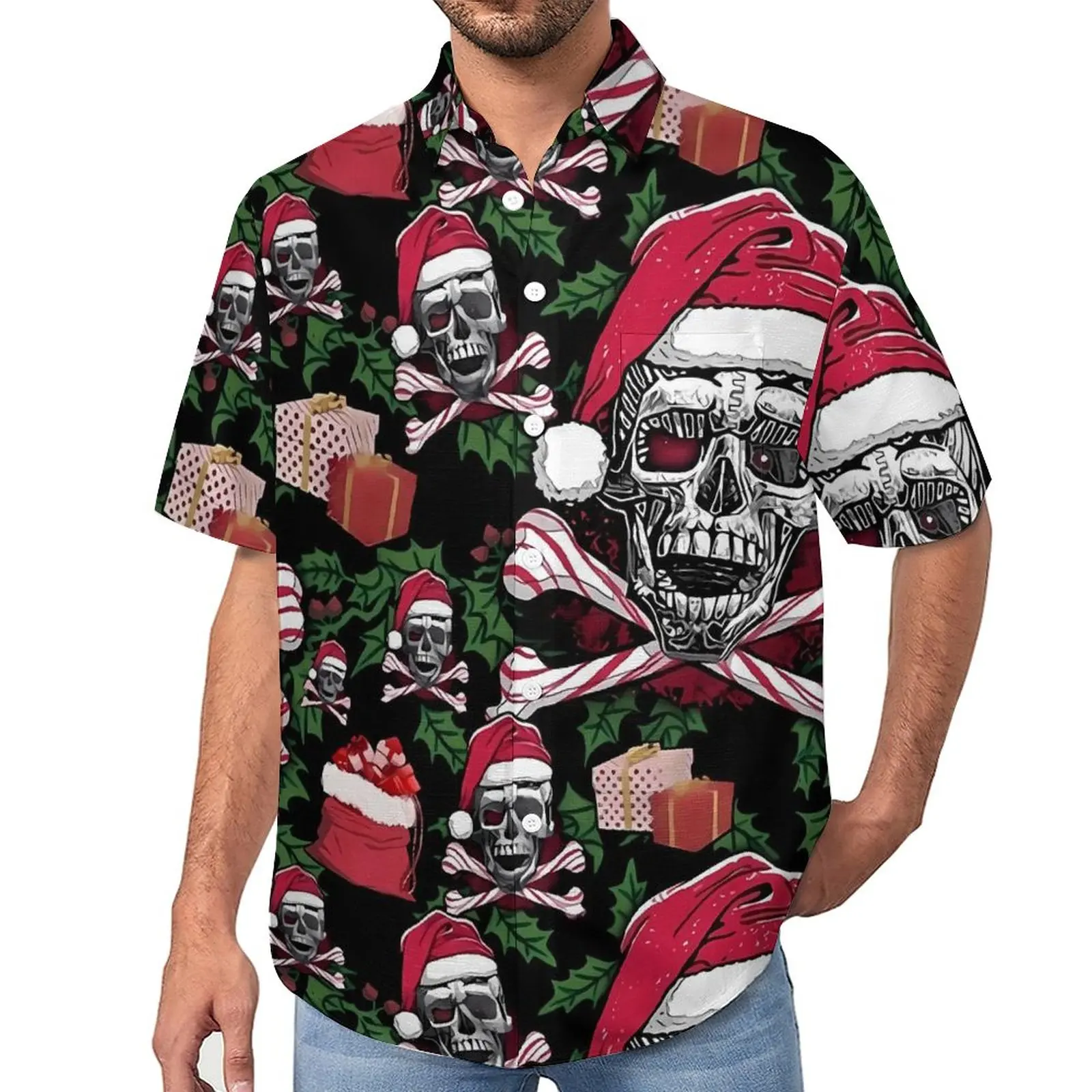 

Skull Cross Loose Shirt Men Beach Candy Canes Santa Hat Casual Shirts Hawaii Graphic Short-Sleeve Harajuku Oversized Blouses
