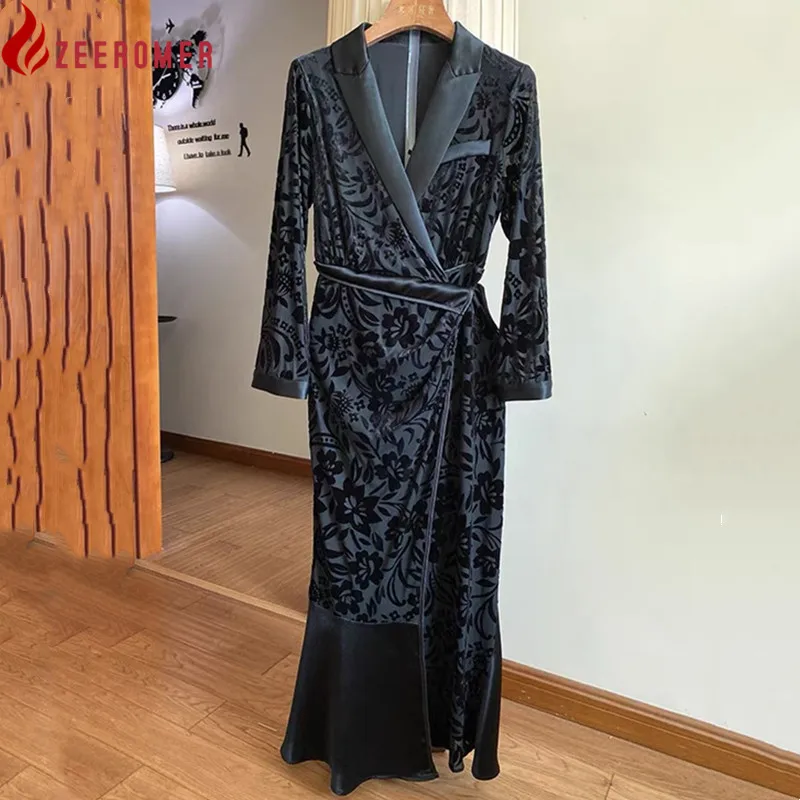 

2022 High Quality Autumn New Dress Woman Elegant Black Flocked Print Luxury High Waist Lace Up Midi Long Fishtail Vintage Dress