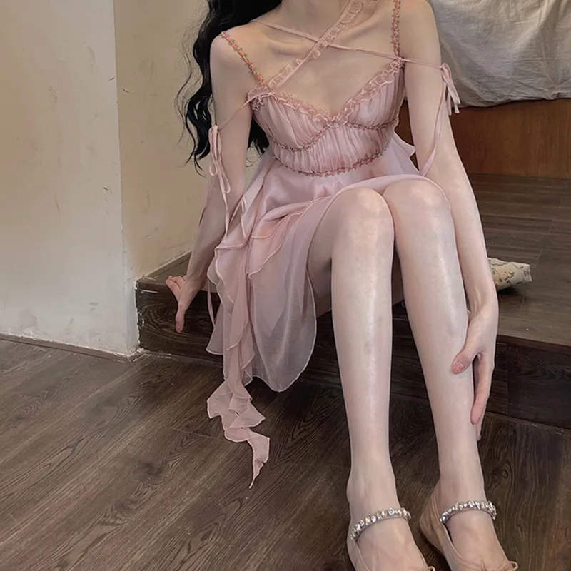 

Розовое асимметричное платье на шнуровке с высокой талией, волшебное платье с воланом, однотонное сексуальное платье