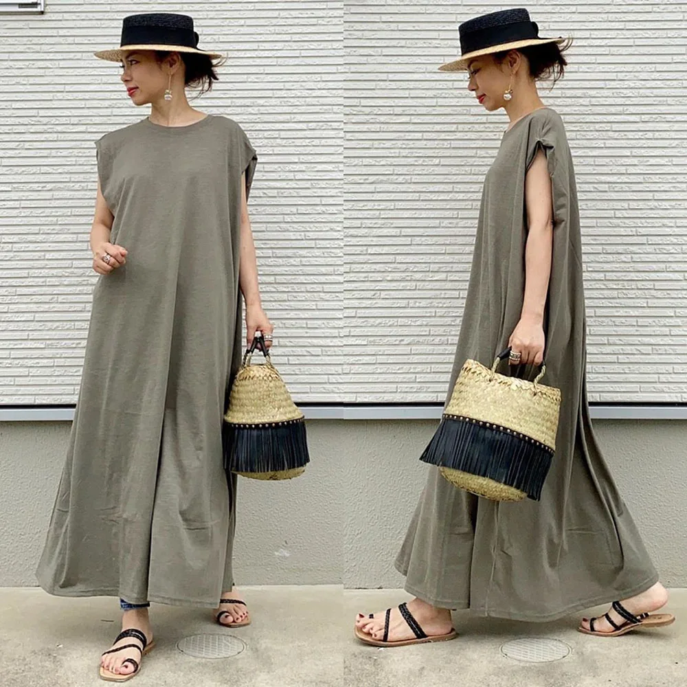 

Long Dress Women Summer 2022 Japanese Korean Style O-Neck Plain Simple Office Lady A Line Female Casual Sleeveless Maxi Dresses