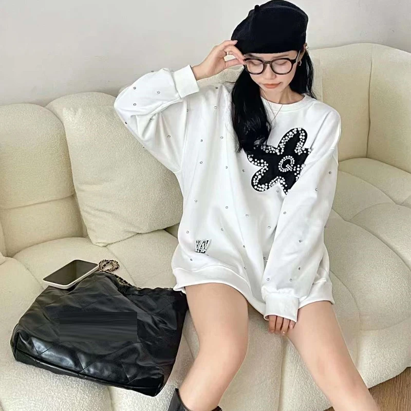 

Корейский шикарный женский пуловер, толстовка с капюшоном, новинка 2022, осень/зима, белые топы из чистого хлопка с бисером и стразами в винтаж...