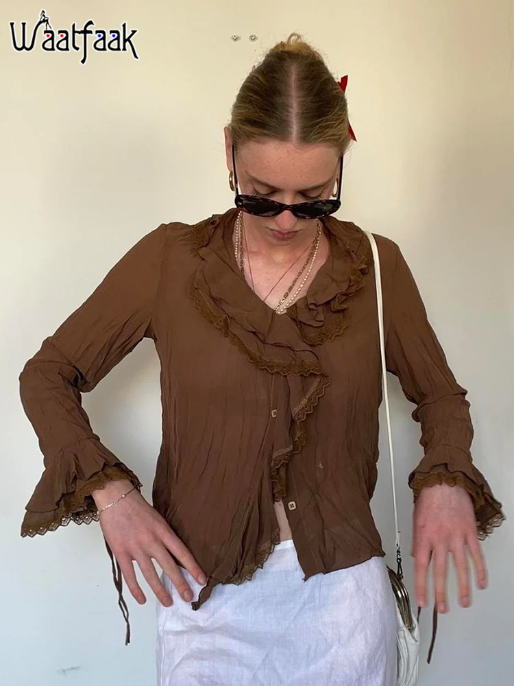 

Waatfaak Lace Trim Vintage Ruffles Crop Top T Shirt Long Sleeve V Neck Y2K Aesthetic Brown Shirt Women Grunge Fairycore Street