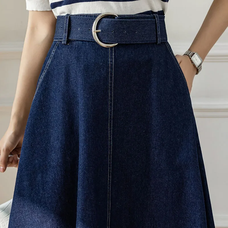 Длинная джинсовая юбка DFRCAEG Новинка лета 2023 трапециевидная черная или синяя