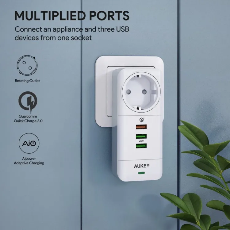Сетевое зарядное устройство Aukey Wall Charger с европейской розеткой и 3 USB цвет Белый