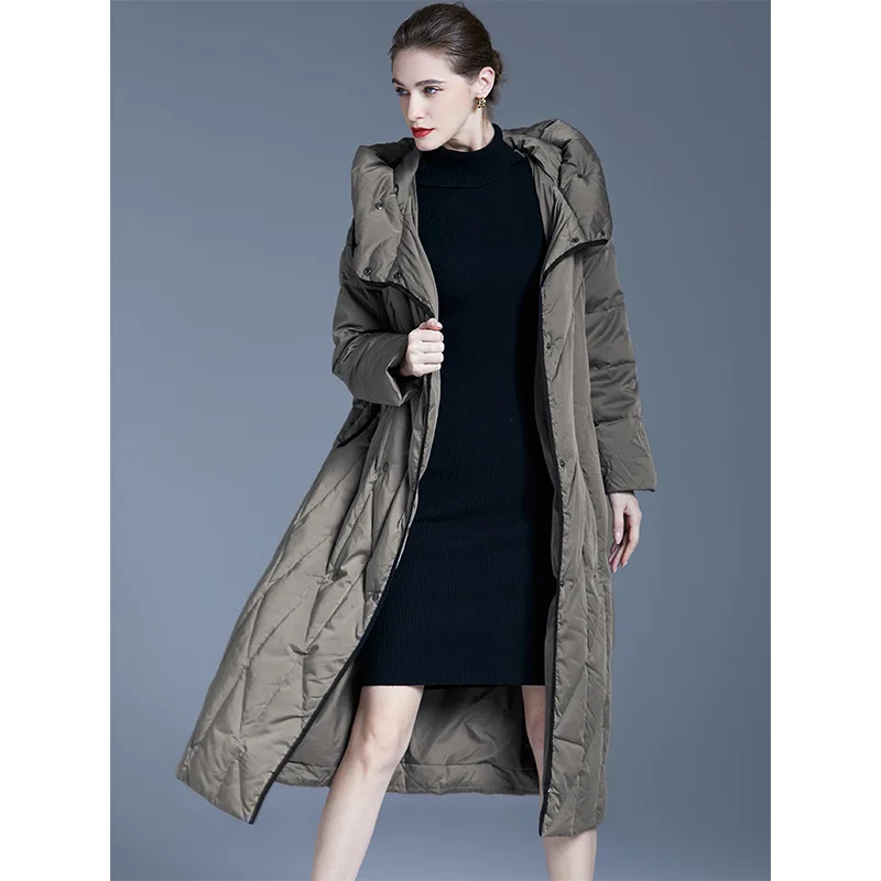 Long down jacket women's loose length over knee thickened hooded white duck down winter coat