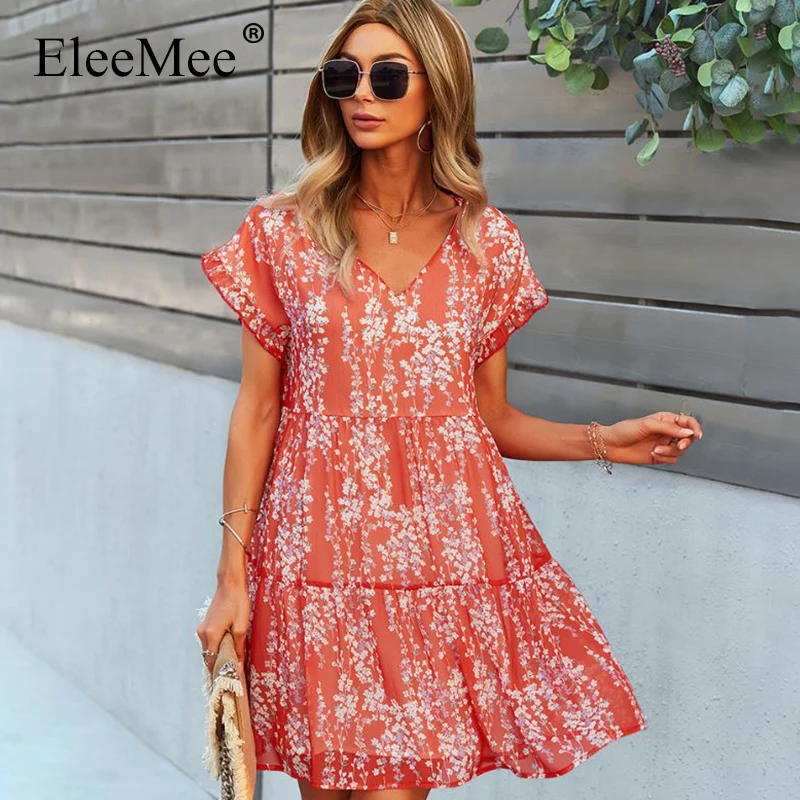 

EleeMee 6 Colors Women Floral Skirts Summer Above Knee Dress Sexy V-Neck Bohemia Vestidos Lady Short Sleeve Vacation Clothes
