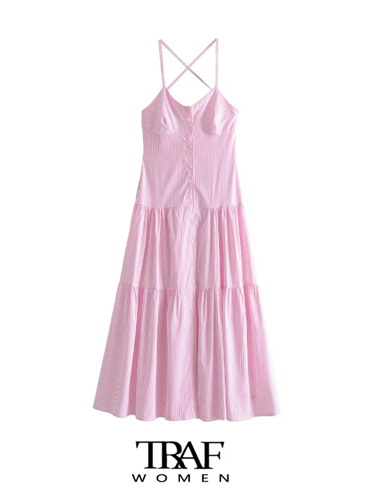 

TRAF Women Fashion Front Buttons Striped Midi Dress Vintage Backless Tied Thin Straps Female Dresses Vestidos Mujer