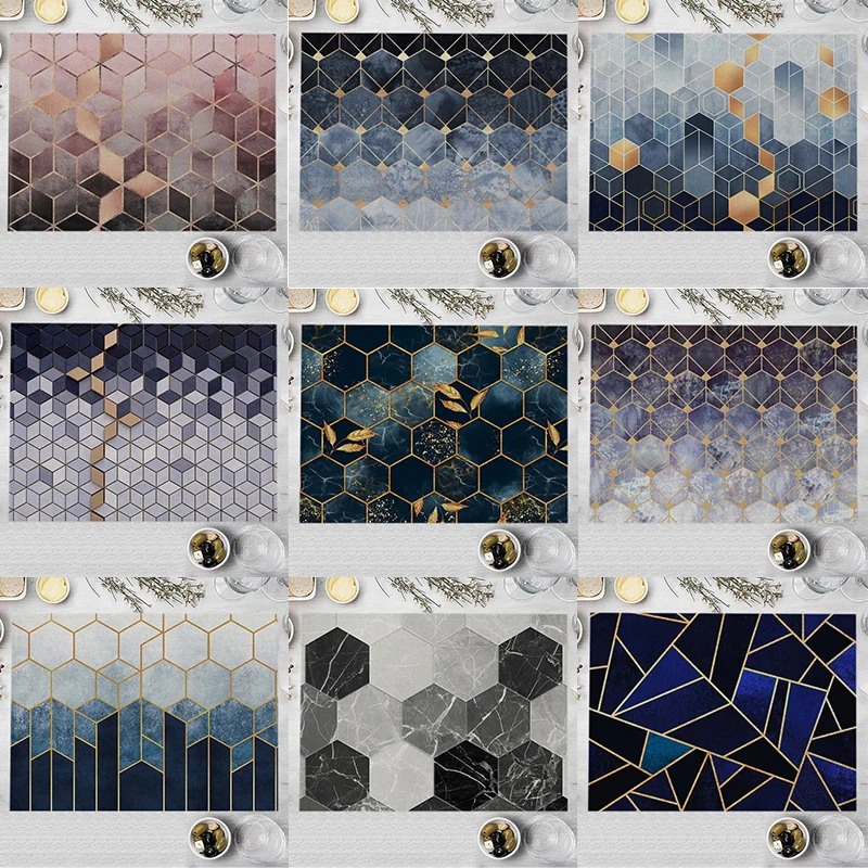 

Gray Geometric Marble Kichen Placemat Cotton Linen Dining Table Mat Hexagon Patchwork Coaster Pad 32x42cm Bowl Cup Coffee Mats
