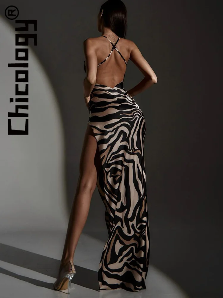 

Chicology 2022 Women Zebra Stripes Printing Backless Patchwork Mesh Slit Maxi Dress Sexy Party Elegant Evening Festival Clothes