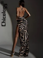chicology 2022 women zebra stripes printing backless patchwork mesh slit maxi dress sexy party elegant evening festival clothes
