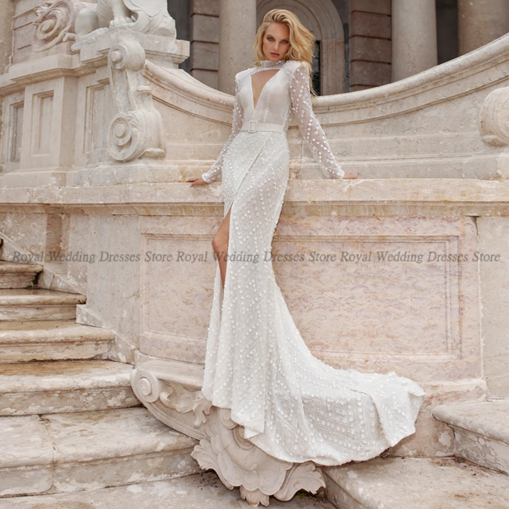 

Simple Mermaid Wedding Dresses Sleeveless High Slit Sashes Applique V Neck Open Beck 2022 Summer Floor Length Gowns Robe De Ma