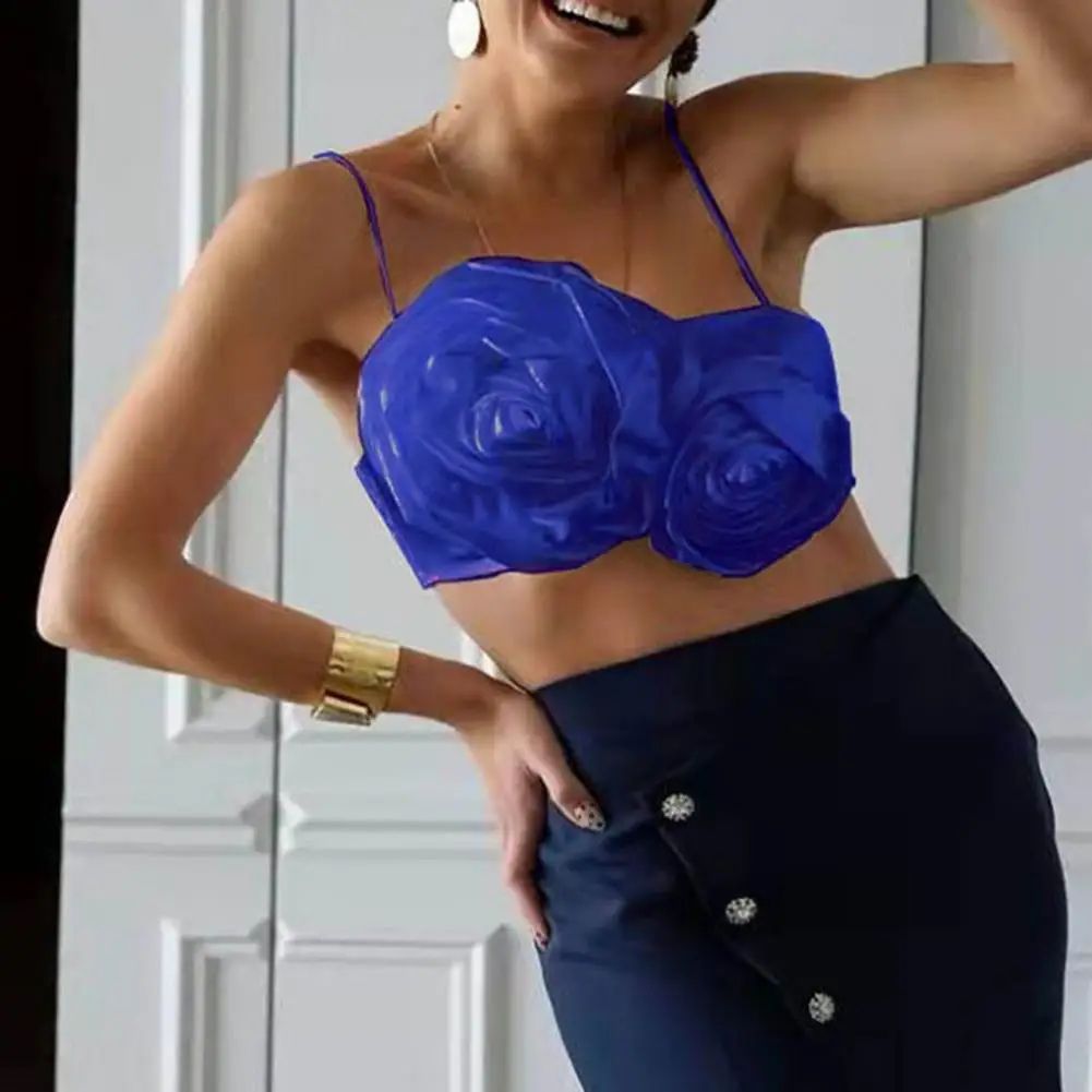

Women Crop Top Crop Top Three-dimensional Rose Flower Sling Stretchy Skinny Slim Spring Summer Floral Suspenders Camisole