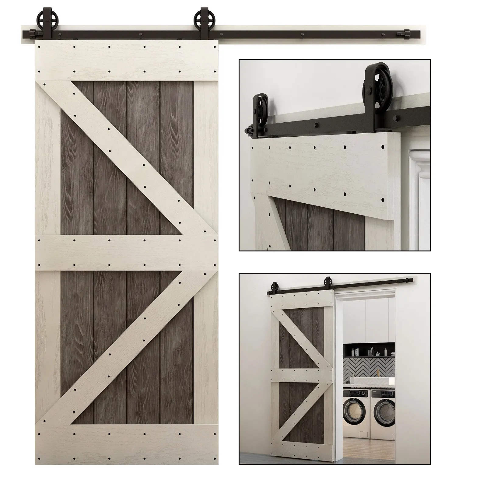 

CCJH Barn Door Hardware Kit for Wood Single Barn Door Black Middle Wheel T Type Roller Hanger Not Easy to Rust with Floor Guide