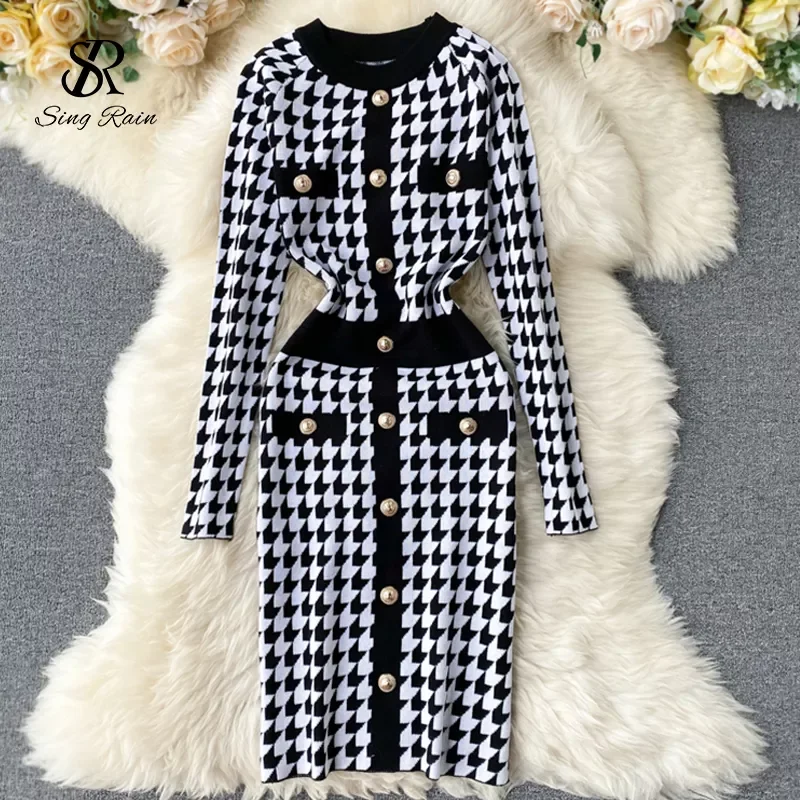 

SINGRAIN Women Plaid Houndstooth Knitted Dress Autumn Fashion Retro Knit Sweater Robe Work Streetwear Winter Bodycon Plaid Dress