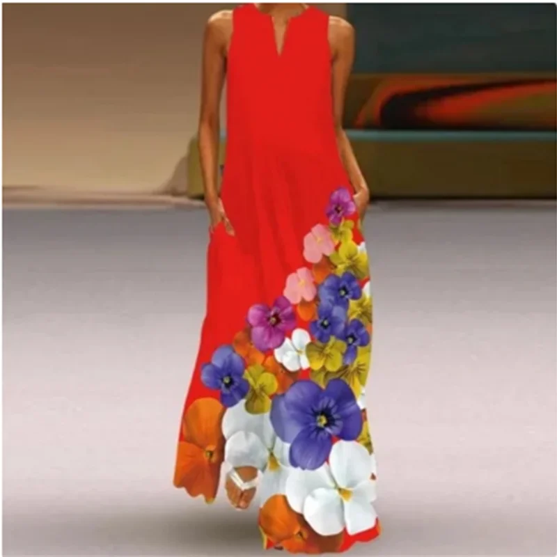 Женский ретро - принт Sundress Летняя мода V воротник длинные юбки без рукавов