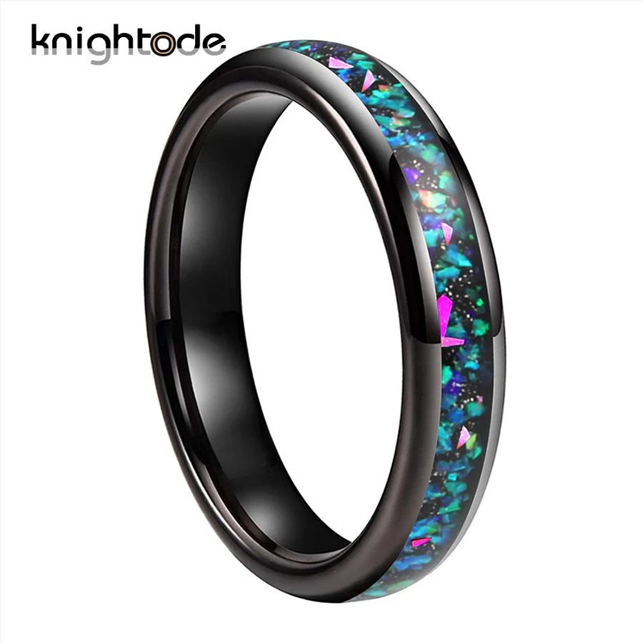 

4mm Wedding Band Black Tungsten Carbide Ring With Galaxy Series Opal Inlay Domed Polished Shiny Comfort Fit