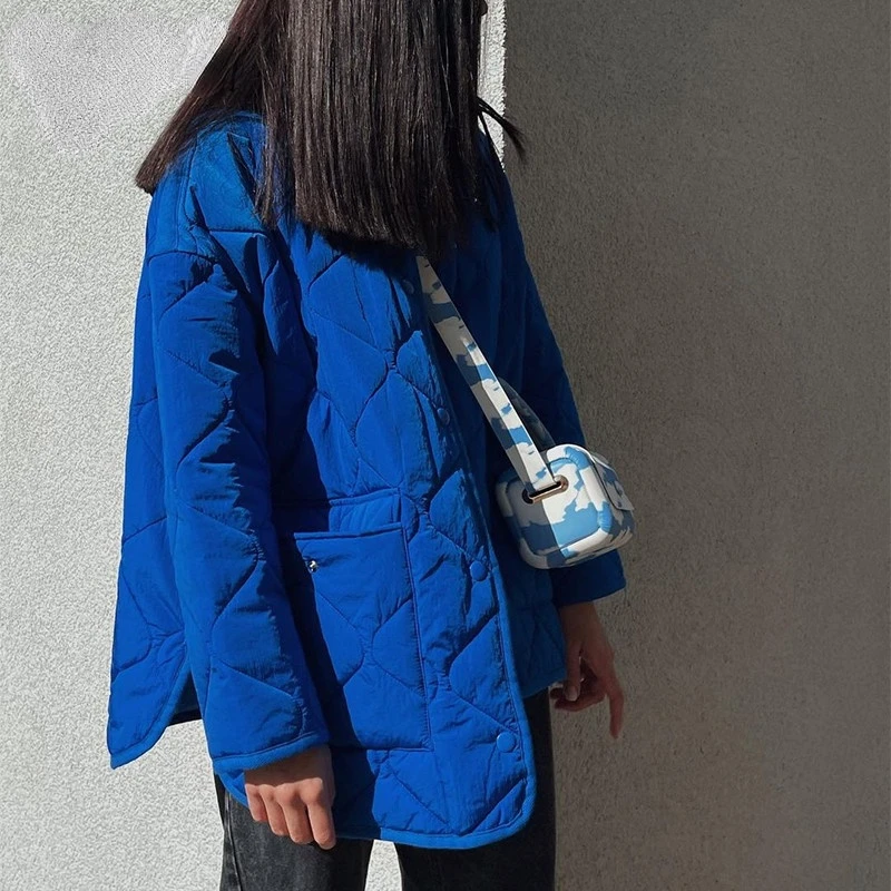 2022 Autumn and Winter New Women's Long-sleeved Warm Fashion Single-breasted Casual Loose Blue Round Neck Women Cotton Jacket