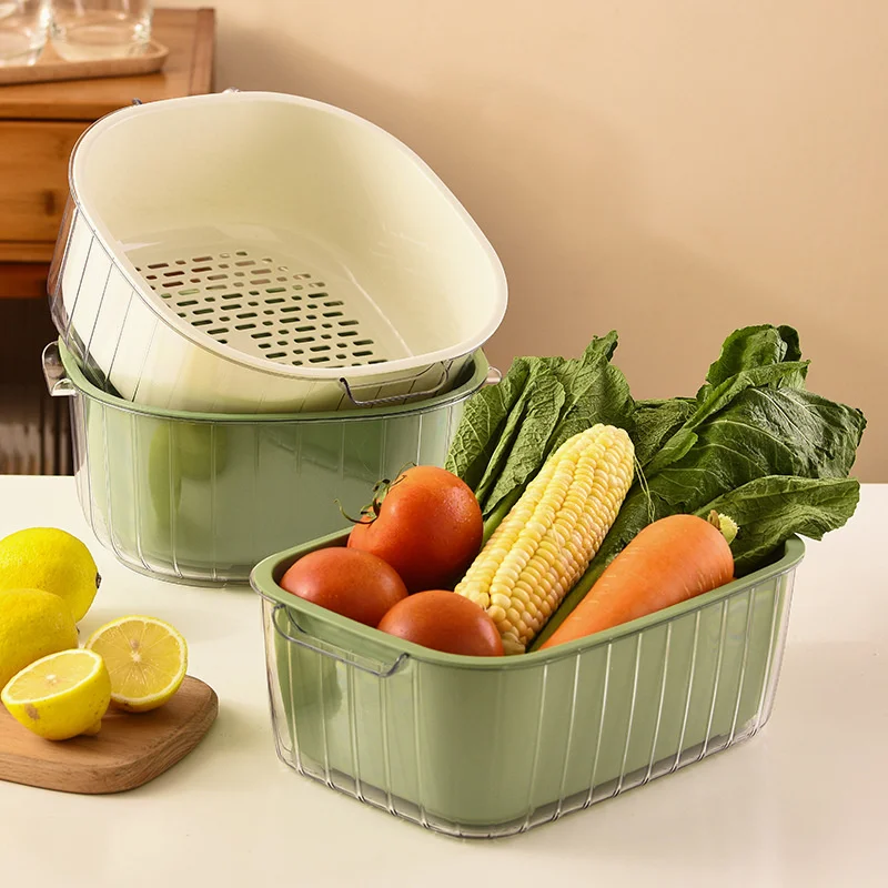 

Draining Basket Double-layer Transparent PET Vegetable Washing Basin Square Draining Blue Kitchen Living Room Fruit Rice Washing