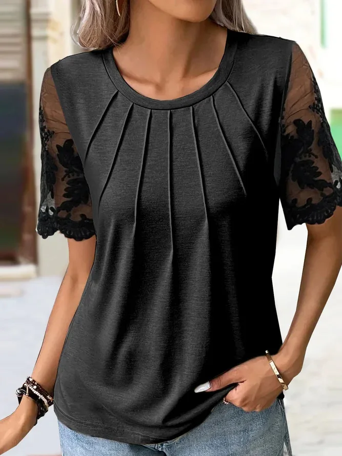 

Pure color knitted lace short sleeve blouse white