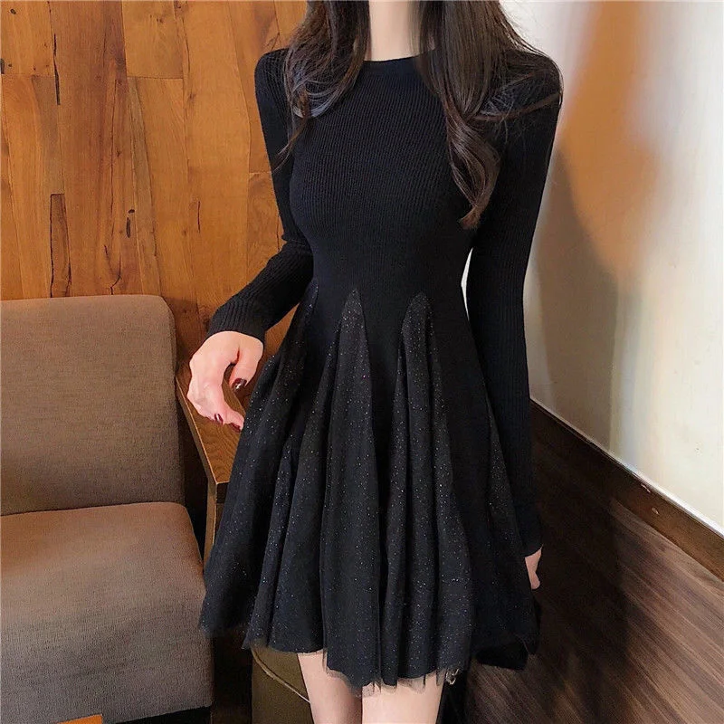 

Sweater Mini Winter Dress O Neck Long Sleeve Pleated Knitting Elegant Dresses For Women Fashion Lady Solid Color Autumn Frocks