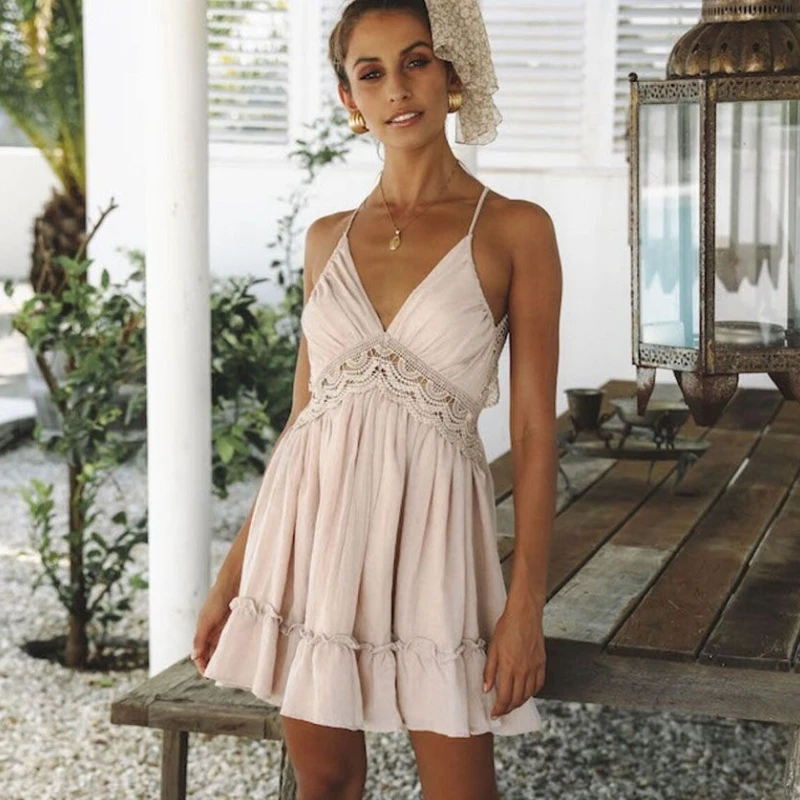 Temperament Sexy Backless Suspender Waist Lace Dress Party Goddess Hollowed Out Dress