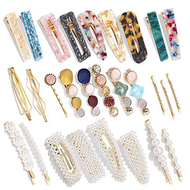 

28 PCS Pearls And Acrylic Resin Hair Clips Hair Barrettes Marble Glitter Crystal Geometric Hairpin Elegant Accessories