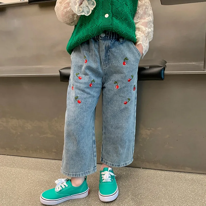 

Girls Jeans Pants Kids Denim Trousers Children Cherry Print Embroidery Jeans Autumn Toddler Baby Girl Clothes for 3-8 Years