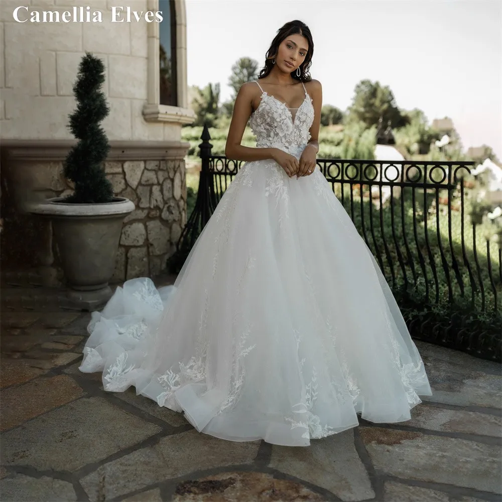 

Elegant Lace Wedding Dresses For Women Bride Dress Spaghetti Straps A Line Backless Appliques Bridal Gowns Vestidos De Novia