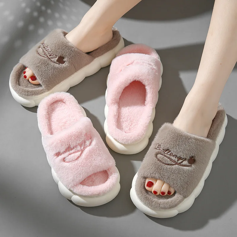 

2023 Winter New Plush Cotton Slippers Home Indoor Anti Slip Slippers Solid Color Open Comfortable Soft Sole Cotton Slippers