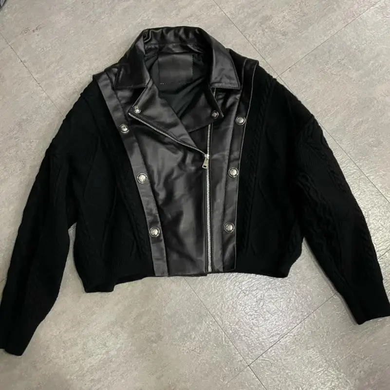 Genuine Leather Jacket For Women Stitching Knitted Bat Sleeves Short Sheep Leather Jacket Lapel Zipper Button Casual Coats Y3094