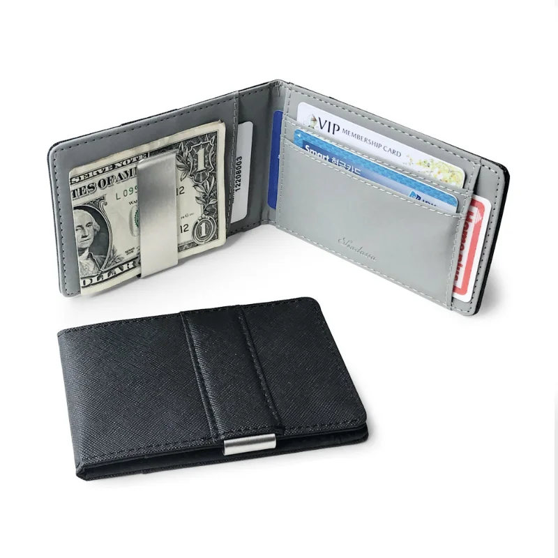

Однотонный мужской тонкий двойного сложения, кожаный кошелек с зажимом для денег, Женский кошелек для удостоверения личности и кредитных карт, держатель для наличных