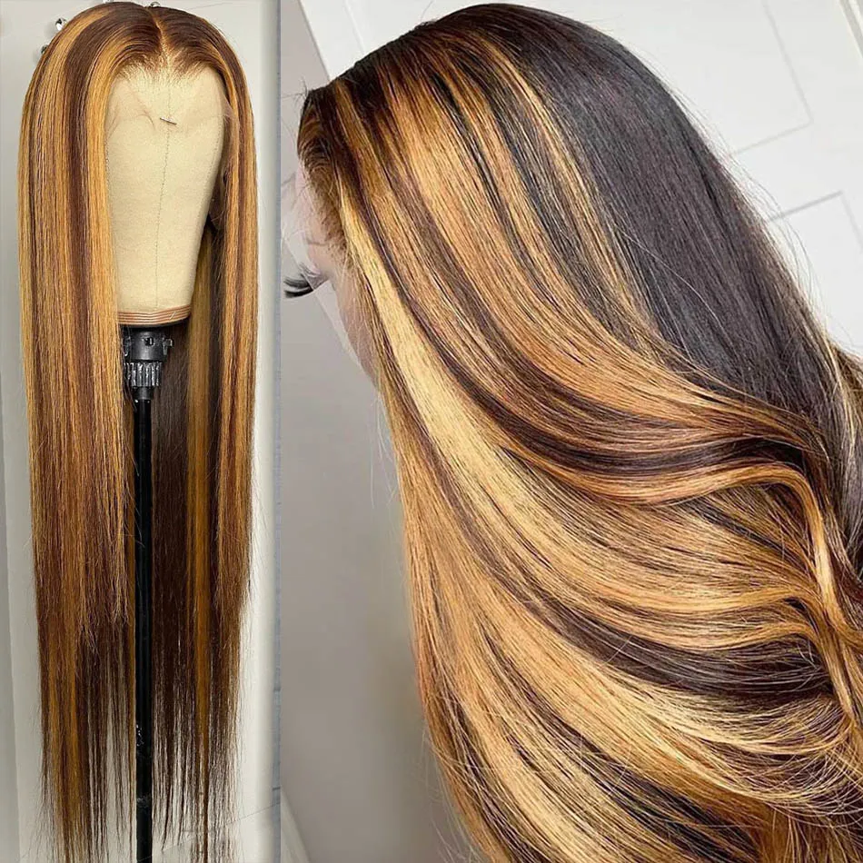 

Preplucked 24"Long Soft Highlight Ombre Honey Blonde Brown Human Hair Straight Brazilian HD13x4 Lace Front Wig For Black Women