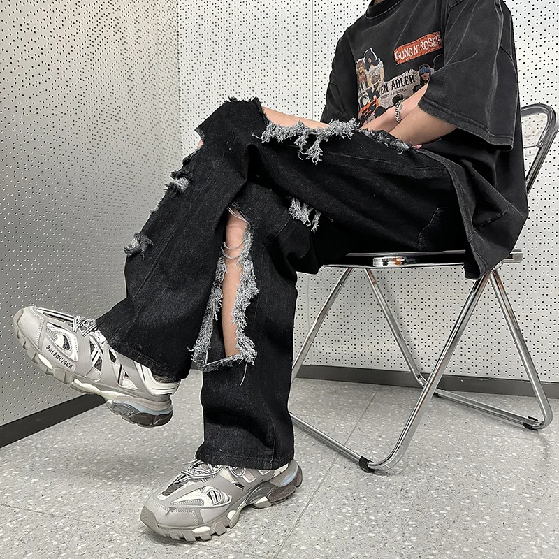 Summer Black Baggy Jeans Men Fashion Retro Straight Hole Jeans Men Streetwear Hip-hop Loose Ripped Denim Pants Mens Trousers