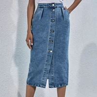 fall casual pocket straight blue jeans skirt new 2021 women summer high waist single breasted knee length denim skirt streetwear