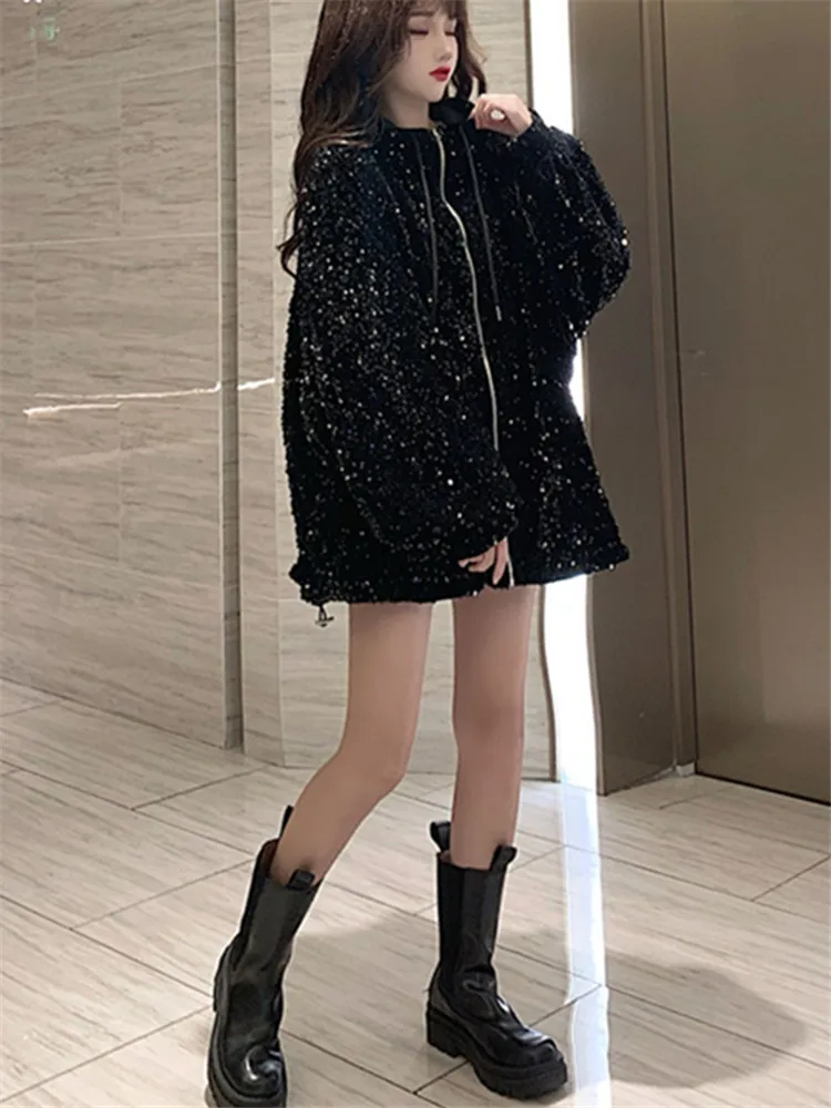 

Куртка женская блестящая на молнии, с капюшоном и длинным рукавом