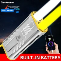 multi function 2xpe yellow and white lighting flashlight three gear usb rechargeable portable torch outdoor camp as power bank